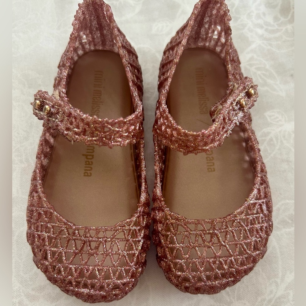 Mini Melissa Campana Pink Glitter Silver Mary Jane Sandals - Size Toddler 8